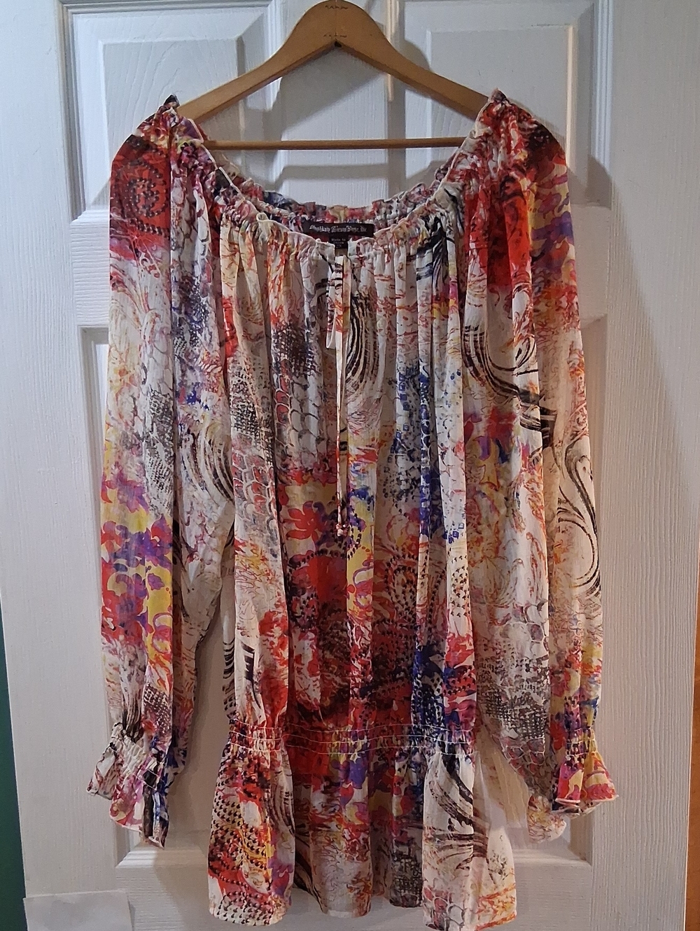 Boho Floral Peasant Blouse in Cream with Multicolor Print Sheer Ruffle Sleeves